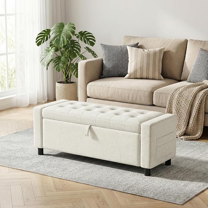 Amada 46" Ottoman with Storage, Side Pocket, Safety Hinge, Beige | 30 gallon (112 liter) hidden storage, holds 400 lbs, 0.35" thicker wood panels, 3.14" thick foam, for end of bed, living room