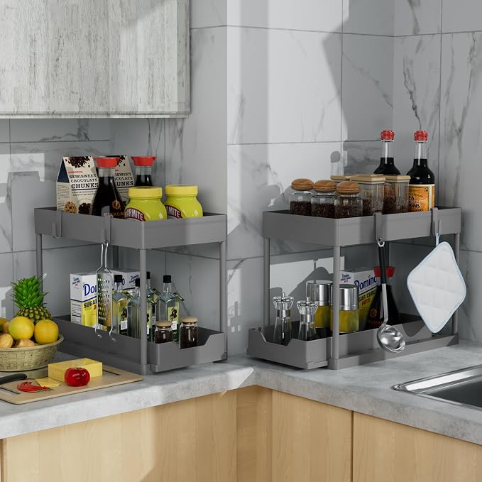 DEKAVA 2 Pack Under Sink Organizer, 2-Tier Sliding Cabinet Basket, Grey