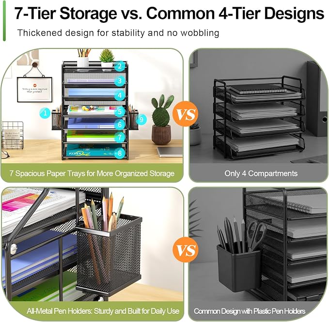 7 Tier Desk File Organizer, Black Metal Letter Tray Paper Organizer with Pull-Out Drawer, Removable Pen Holder & Hanging Basket, Vertical Desktop File Holder for Home Office, Classroom