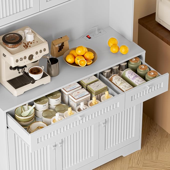 BORNOON Pantry Cabinet with Charging Station and Light, Tall Kitchen Pantry Storage Cabinet with Microwave Stand, Wide Fluted Kitchen Hutch with Storage Drawers and Adjustable Shelves for Dining Room
