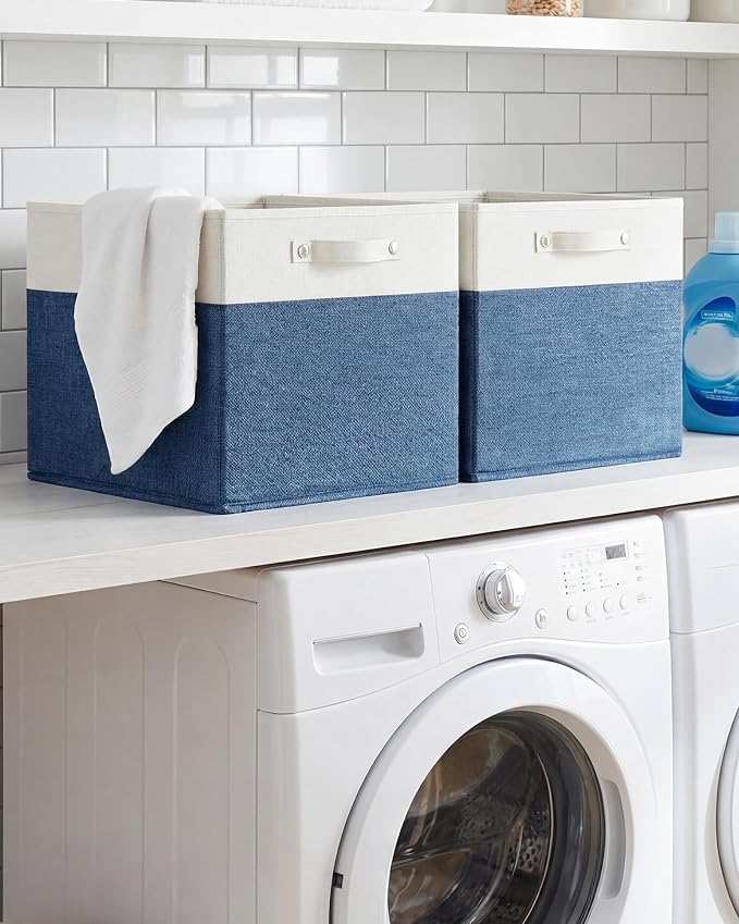 FinishingBo 13 inch Cube Storage Bins with Handles 6 Pack | Foldable Linen Storage Baskets, Closet Organizers, Shelf Baskets, White Blue