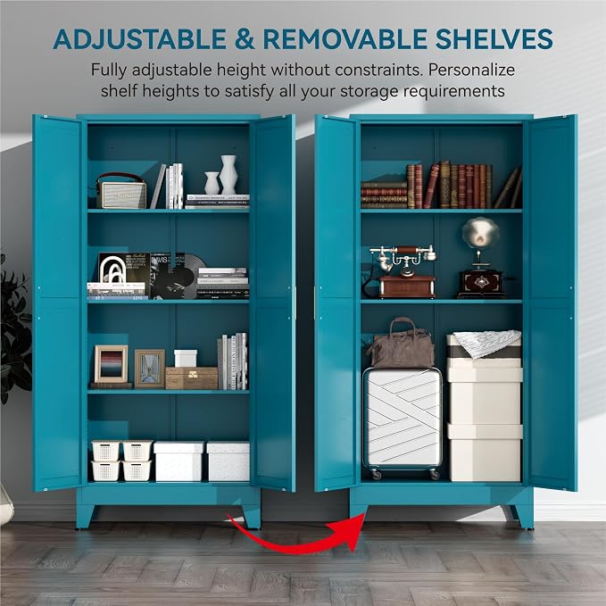 Farmhouse Pantry Cabinet with Barn Doors,61" H x 27.5" W,Metal Cabinet with Adjustable Shelves,4-Tier Storage Cabinet for Kitchen Dining Room Garage,Blue 1 Pack
