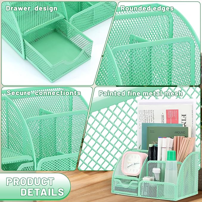 SYMDROMIA 13-in-1 Office Desk Organizer Set with Stapler and Tape Dispenser, Pen Holder, Scissors, Ruler, Hole Punch, 2 Pens & More Desktop Accessories for Back to School Supplies (Green)