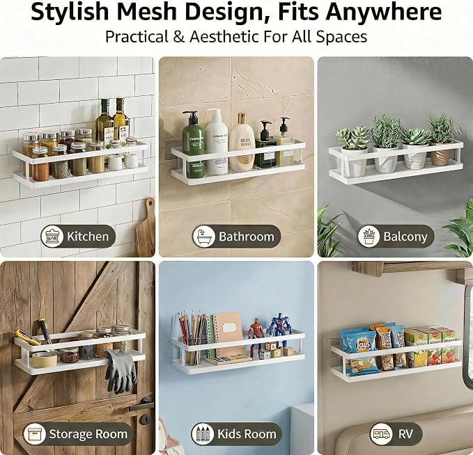 PUSDON 5-in-1 16.5" Extra Long Kitchen Organizer & Shower Caddy Set, Wall Mount Spice Rack with Paper Towel Holder, Utensil Holder & Soap Dish, Rustproof Mesh - White, Guardrail