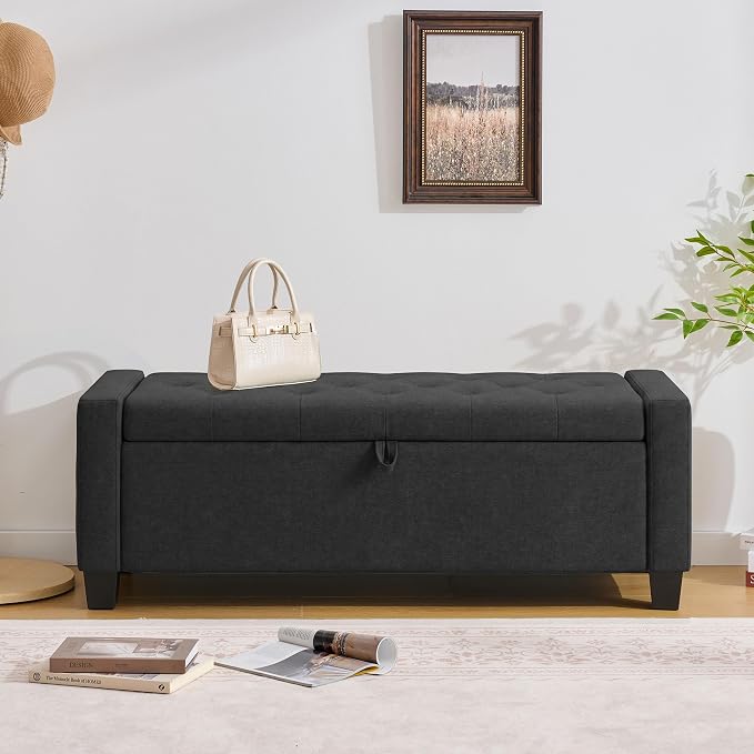 Huatean Home 43" Ottoman with Storage, Dark Gray Storage Ottoman Bench | Upholstered Entryway Bench with Seating for Bedroom, Living Room, with Safety Hinge, Holds up to 330 lb