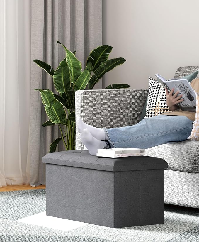 Folding Storage Ottoman Bench, Dark Gray, 30 Inches | Multi-Functional Ottoman Foot Rest, End of Bed Bench, Storage Chest, Living Room, Bedroom, Hallway, Entryway, 600 lb Capacity