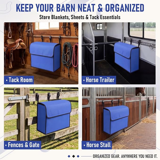 Horse Blanket Storage Bag, 600D Waterproof Oxford Fabric 23 x 19 x 9 in Stall Front Organizer, Heavy Duty Hanging Dustproof Horse Blanket Holder Accessories (Blue)