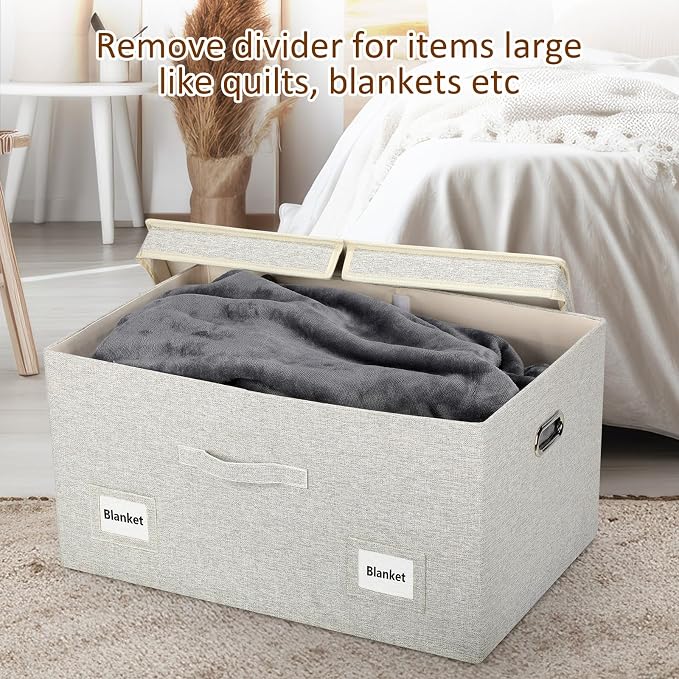 Storage Bins with Lids Fabric Closet Organizers Cubes Office Organization | 75 Quarts 3 Pack Beige Collapsible Stackable Linen Fabric 4 Handles Bedroom Closet Cabinet Under Bed Clothes Toy Office File