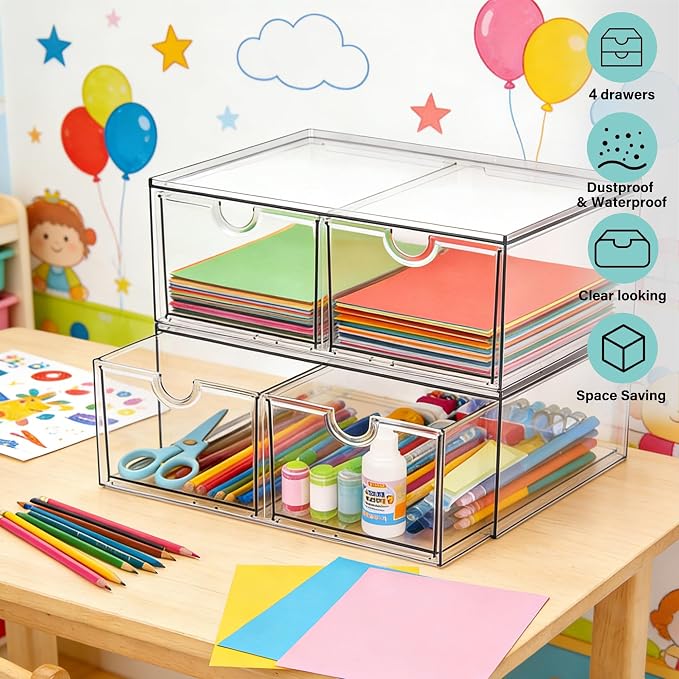 Prsildan Acrylic Storage Drawers Clear Makeup Organizer with 4 Drawers | Transparent, Stackable, For Vanity Bathroom Kitchen Cabinets Office Desk Undersink, Cosmetics Toiletries Home Small Items