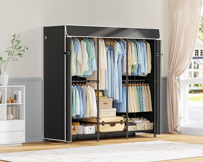 E14C Heavy Duty Closet Organizer System,Freestanding Clothing Racks for Hanging Clothes,Adjustable Garment Rack 58" W × 16" D × 77" H Hold 860 lbs,Black Rack with Black Dustproof Cover