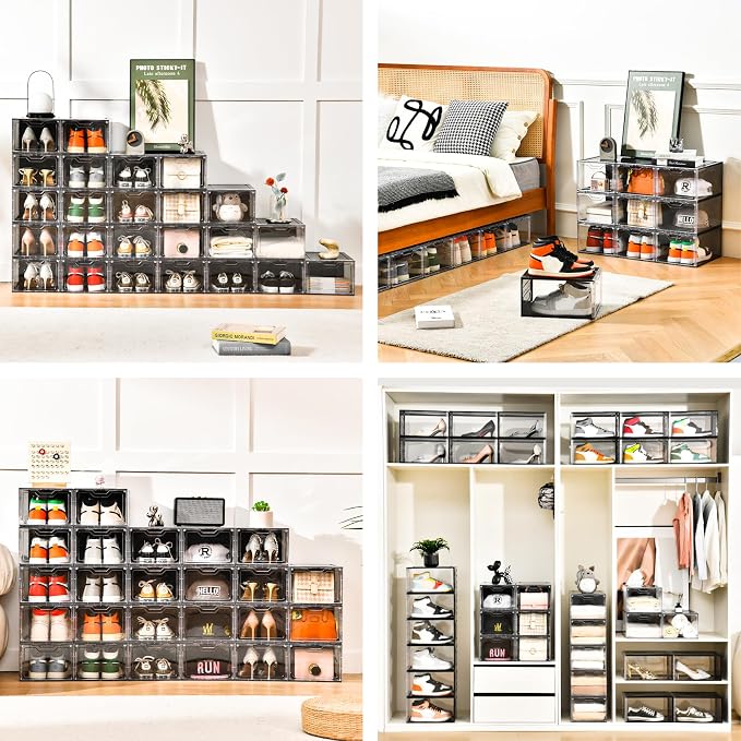 Clemate Upgraded X-Large Shoe Organizer,Shoe Storage Organizer,12 Pack,Shoe Box Clear Plastic Stackable,Drop Front Shoe Box with Clear Door, Shoe Containers For Sneaker Display,Fit up to US Size12