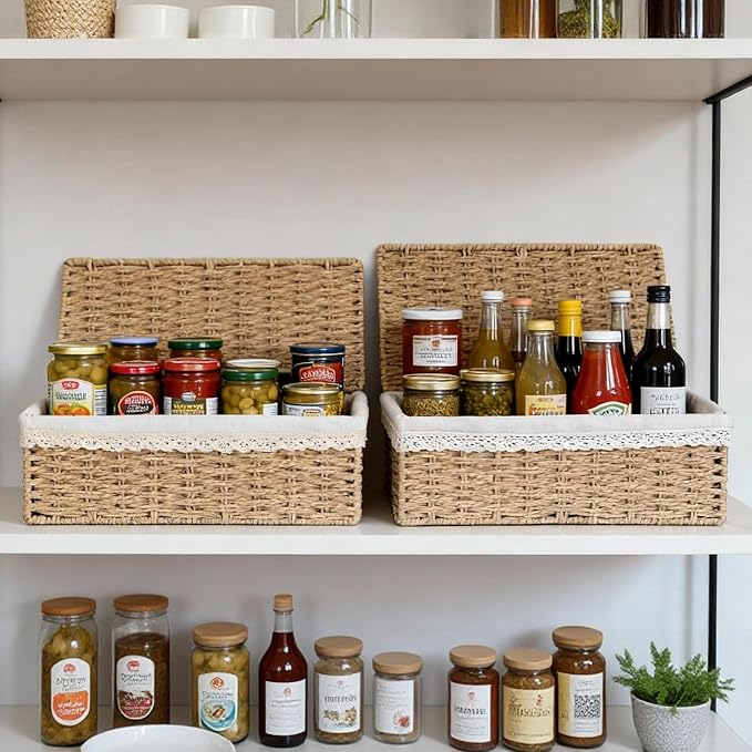 Nonam Large Basket with Lid set of 3, Rattan Divided Baskets Organizer for Shelf, Natural Wicker Storage Basket Bins for Closet, Boho Shelf Decor Covered Basket Home Storage Container