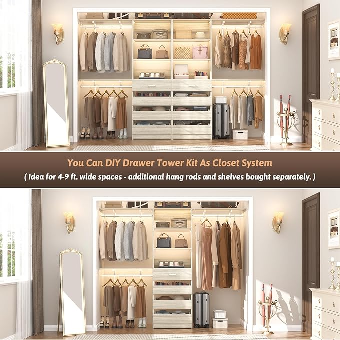 Aheaplus 21.3" Closet System with 4 Drawers, Wood Closet Organizer with Open Shelves, Modular Drawers System Tower, Walk-in Closets Small Wardrobe Rack, Tall Storage Cabinet Unit, White Oak