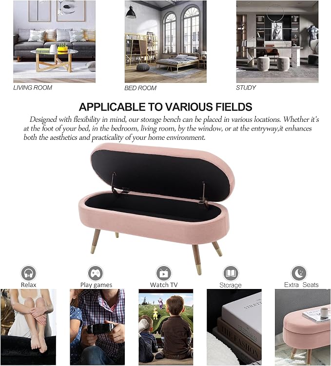 IAFIKE Oval Storage Bench 43.5" Ottoman Bench Upholstered Boucle Fabric Footrest Bench with Golden Metal Legs End of Bed for Bedroom, Living Room, Entryway,Bed Side (Pink)