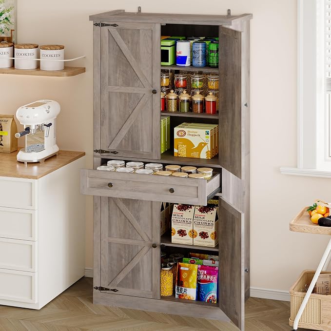 BORNOON Pantry Organizers and Storage Cabinet, 67.7” Barn Door White Kitchen Cabinet with Drawers and Adjustable Shelf, Tall Pantry for Kitchen, Dining Room, Living Room Bedroom