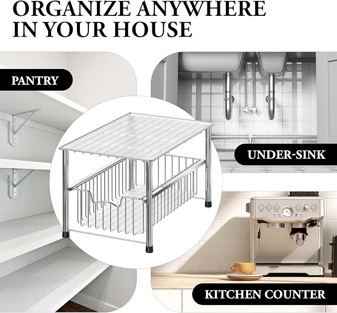Simple Houseware Chrome Metal Stackable Storage Rack, 16.75 in L x 10.8 in W x 10.25 in H | Free Standing Organizer Drawer, Kitchen/Pantry/Cabinet/Counter