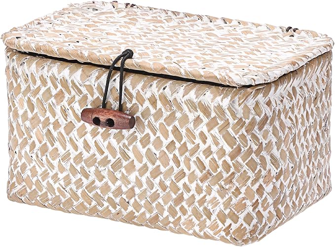Small Wicker Basket with Lid, Decorative Box for Shelf | Rectangular Bin for Keys & Remotes, Multipurpose Shelf Storage, Durable Natural Seagrass, Whitewash, 6.1"x 4"x 3.3"