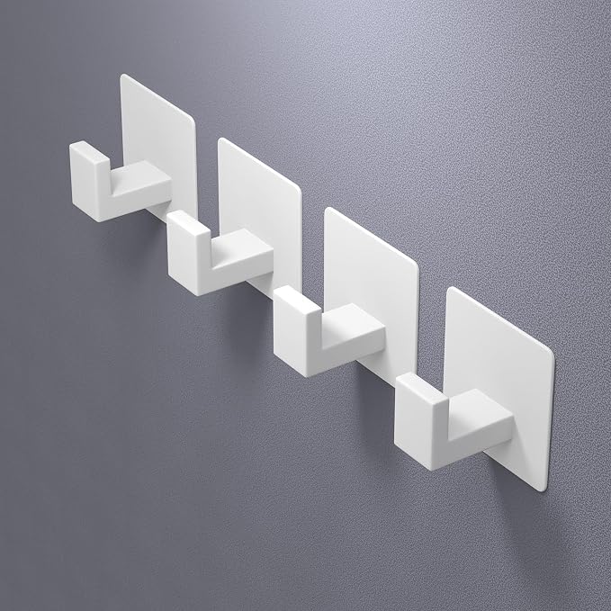 VAEHOLD Wall Towel Hooks, Heavy Duty Sticky Holder Waterproof Towel Hooks for Hanging Coat, Clothes, Closet Hook Wall Mount for Kitchen (White, 4 Pack)