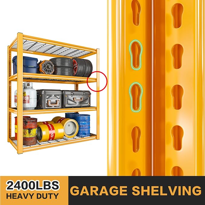REIBII 40" W Yellow Garage Shelving with Double-Layer Frames for Homeowners | 2240Lbs, Adjustable, 10-Min Easy Assembly, Wire Mesh Panels, for Garage Basement Warehouse Commercial, 40"W×19.5"D×59.5"H, 3P