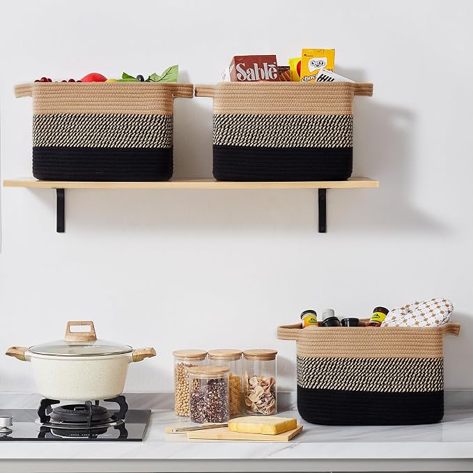 OIASKET Storage Basket for Organizing, Woven Baskets for Storage, Rectangle Decorative Baskets for Shleves, Closet, Toys, Books, Nursery Organizer Bins - Pack of 3 (Black & Brown, 13"x9.85"x8.7")