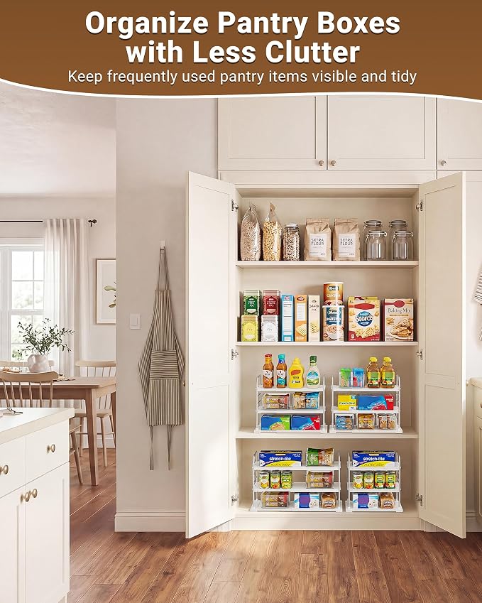 EVERIE Extendable 3-Tier Kitchen Cabinet & Pantry Organizer for Plastic Wrap, Foil & Storage Bags, Adjustable Heavy Duty Shelf Rack for Wrap Boxes, Jars & Snack Boxes (11–16.7 in Wide), Pack of 2