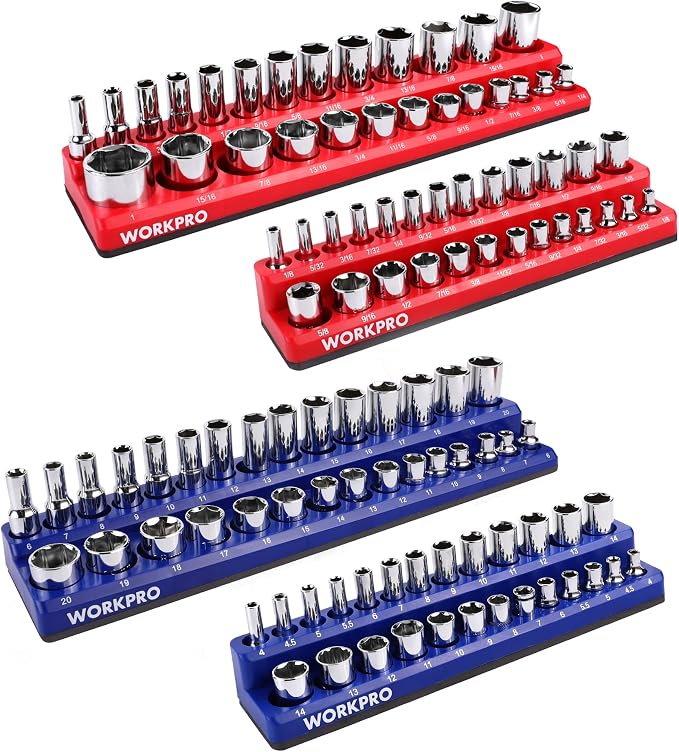 WORKPRO Magnetic Socket Organizer Set, 4-Piece Metric SAE Socket Holder Set | 1/4", 3/8", Drive Socket Trays, Holds 108-Piece Sockets, Suitable for Standard and Deep Sockets, Sockets not Included