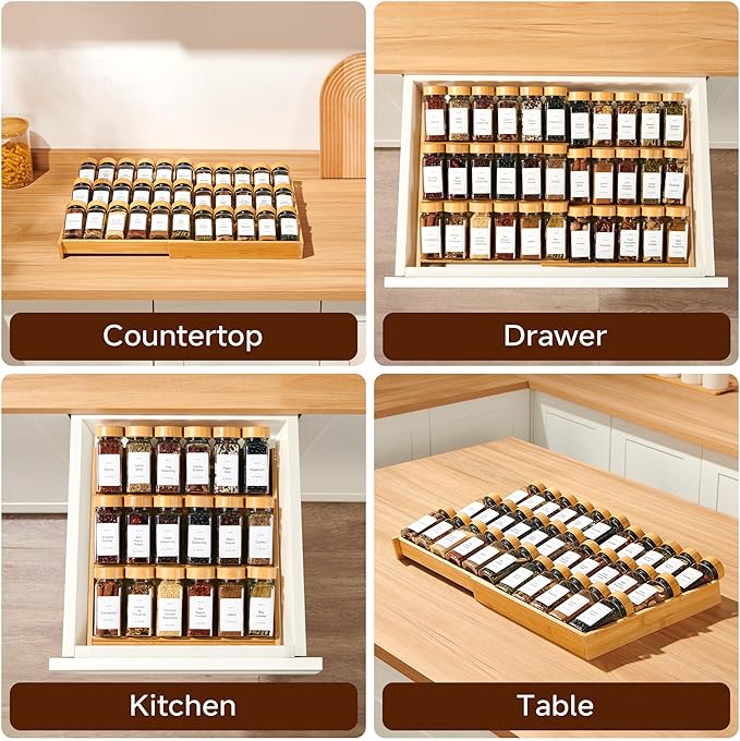 3-Tier Expandable Bamboo Spice Drawer Organizer, Adjustable Width 12" to 21", Kitchen Storage with 36 Glass Jars & Bamboo Lids, 216 Labels, Non-Slip Design for Cabinet & Countertop