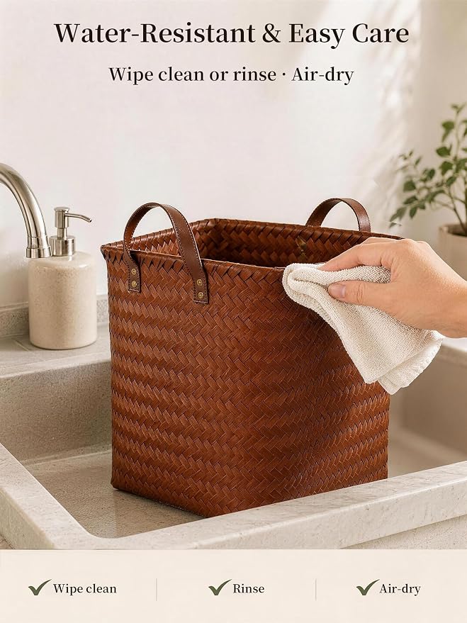 Wicker Storage Baskets, 4 Pack Woven Baskets for Shelves, Brown | PP Rattan, Water-resistant Wicker Basket, Large Baskets with Faux Leather Handles for Blanket, Laundry Organizer, Room Decor