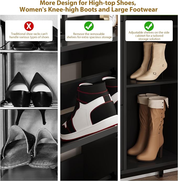 Garvee Shoe Cabinet with 3 Flip Drawers and 4-Tier Shoe Storage Cabinet, Freestanding Shoe Organizer with Adjustable Shelf and Rattan Doors for Entryway, Closet, Hallway