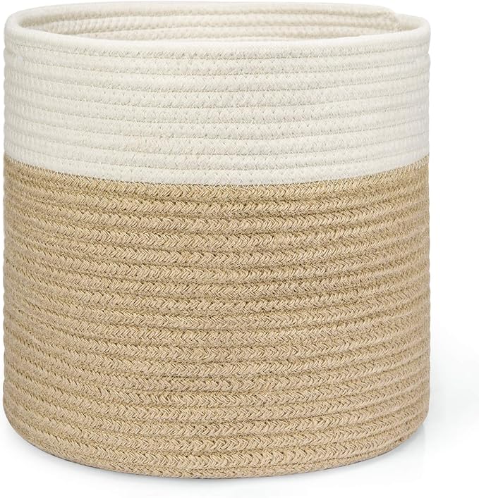 Dahey Plant Basket Indoor for 12 inch Pot Woven Jute Planter, White & Beige | Fits 10"-12" Planters, Reinforced Structure, Foldable Laundry Bin with Handles, Jute Cotton Rope, Decorative Flower Pot Cover