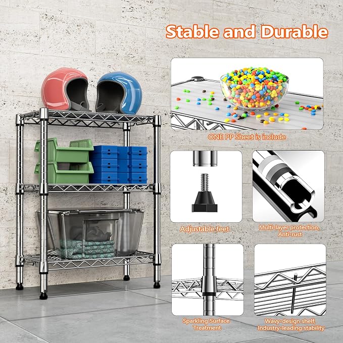 M MZG 750 lbs 3 Tier Shelf Metal Storage Shelves Wire Rack Closet Organizers with PP Board for Garage Kitchen Bathroom Laundry Chrome 11.8" D x 21.7" W x 28.6" H
