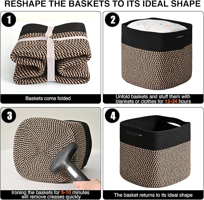 ICERZCZ 11 Inch Cube Storage Bins, Storage Cube Organizer Bins, Woven Cotton Rope Baskets for Storage, Storage Basket for Organizing Shelves, Square Baskets for Toys Nursery, Black & Jute (Pack of 3)