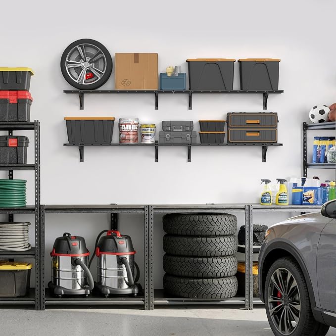 Jusgym 4 Pack Wall Mounted Garage Shelving, 1x4ft, 1400lbs Integrated Grid | Wall Mounted Floating Design, 12"x96" Storage Rack, No Splice Seamless Structure, Rustproof Black Coating for Garage Workshop