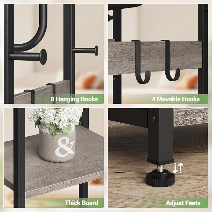Coat Rack Freestanding, Hall Tree with 3 Shelves and 12 Hooks, Greige | Industrial Metal Frame, Space-Saving Design, Clothes Rack Stand Organizer for Bedroom, Hallway, Entryway, Office, Living Room
