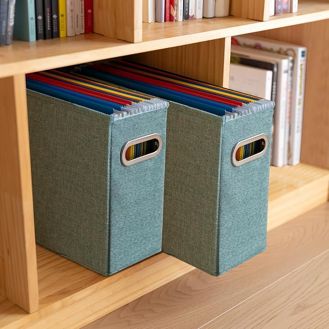 6 Pack Letter Size File Storage Box Collapsible,Fabric Hanging File Folders Organizer, Portable Office Document Holder with Metal Handle, Smooth PVC Rails, Green