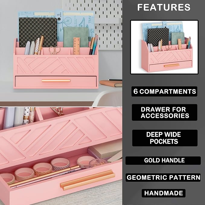 dreampossible Pink Wood Desk Organizer and Accessories with Drawer, Bill Mail Organizer and File Mail Holder for Office Supplies, Modern Desk Accessories & Workspace Organizers for Desk Organization