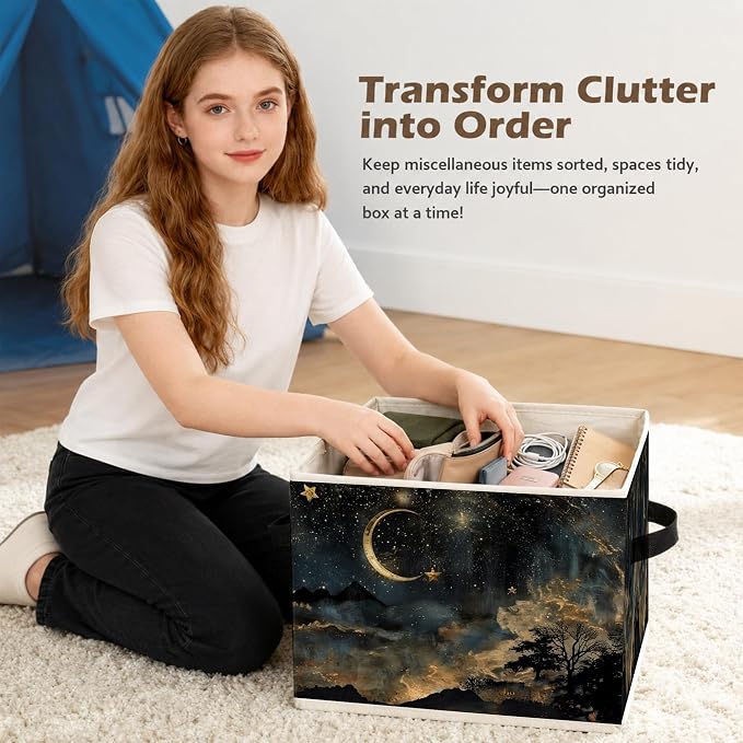 Mystical Crescent Moon Star Celestial Storage Box Bins, Moody Starry Night Sky Collapsible Storage Basket Organizer for Bedroom Laundry Room Home Clothes Books, Decor for Room