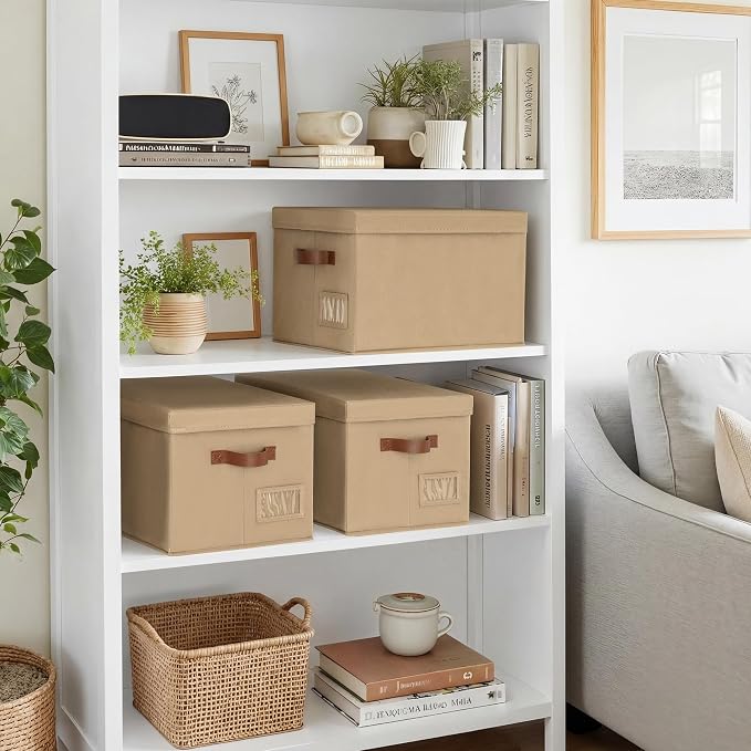 GRANNY SAYS Storage Bins with Lids, Storage Baskets for Linen Closet Shelves, Decorative Storage Boxes, Clothes Storage and Organization for Organizing, 3-Pack, Large, Brown