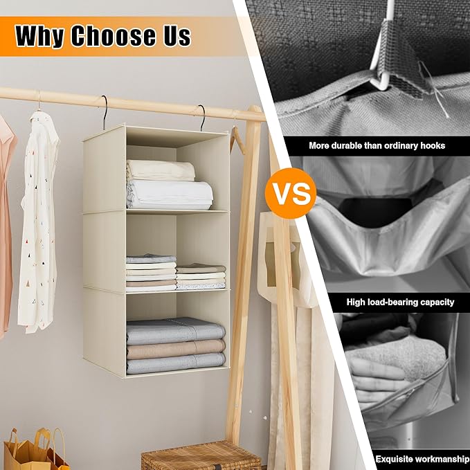 Hanging Closet Organizer 3-Shelf, Oxford Fabric Wardrobe Storage, Beige | Easy-mount foldable design holds clothes, handbags, shoes & accessories; washable Oxford fabric, sturdy and space-saving.