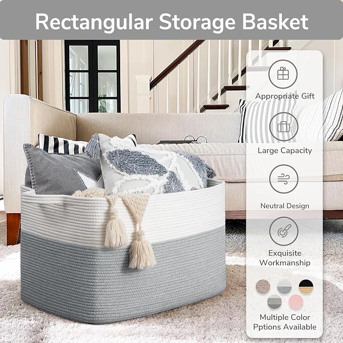 Goodpick Large Woven Blanket Basket, Rectangle Cotton Rope, White Gray | 85L, 23.6 x 15.7 x 13.8 in, Reinforced Handles, Living Room, Bedroom & Nursery Organization, Blankets & Pillows Storage