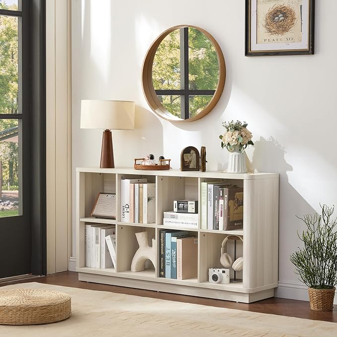 Joaxswe 8 Cube Storage Bookcase, 52" Long Horizontal Book Shelf w/Curved Edge, Wood Low 2-Tier Cubby Console Bookshelf with Base, Modern Floor Standing TV Stand for Living Room, Gray-White Cream Oak