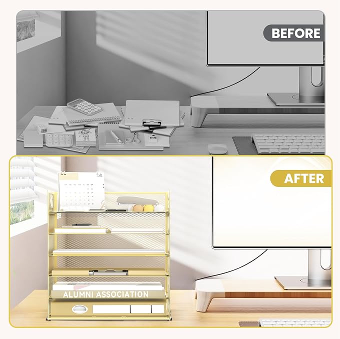 Daltack 6-Tier Paper Organizer for Desk with Handle, Gold | Sturdy Metal Mesh Organizer with Movable Middle Trays and a Carry Handle for Papers, Folders and Office Supplies