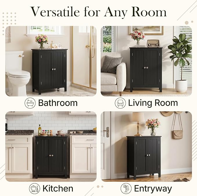 SUPER DEAL Modern Bathroom Floor Storage Cabinet with Adjustable Shelf and Double Door Rust Proof, Living Room Modern Home Furniture Storage Organizer Cabinet, Black
