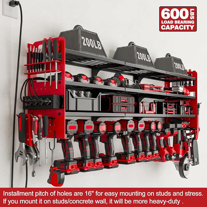 Power Tool Organizer Wall Mount, 12-Drill 4-Tier Charging Station, Red | Heavy-duty 4-Tier Metal Rack Stores 12 Drills; Side Pegboards and Screwdriver Slots Add Storage, Plus a 4-Outlet Power Strip