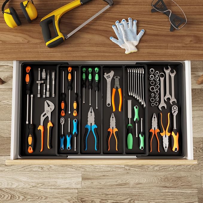 Lifewit Utensil Organizer for Kitchen Drawers, Expandable Cooking Utensil Tray, Adjustable Cutlery Silverware Flatware Holder, Plastic Spatula Tools Storage Divider, 18- 30 x 18.5", Black