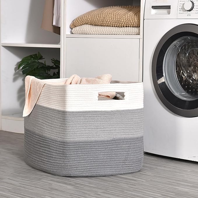ICERZCZ Extra Large Blanket Basket Living Room, Rectangle Storage Basket, Large Woven Baskets for Storage, Cotton Rope Basket for Toys, Clothes, Gradient Grey - 25”x16”x16” (105L)