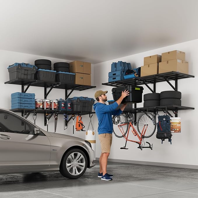 FLEXIMOUNTS 2-Pack 2x6ft Garage Wall Shelving with 8 Hooks, 1200lbs, Black | Heavy Duty Garage Shelving Wall Mounted, Rustproof Finish, Storage for Power Tools, Garden Supplies, Storage Bin, Lite Series