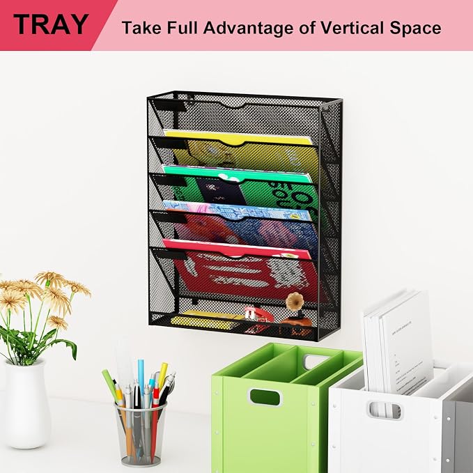 Hanging Wall File Organizer 6 Tier Wall Mounted Mail Paper Folder Holder Document Organization Stand, Vertical Desk Magazine Rack for Office Home Cubicle Countertop, Black