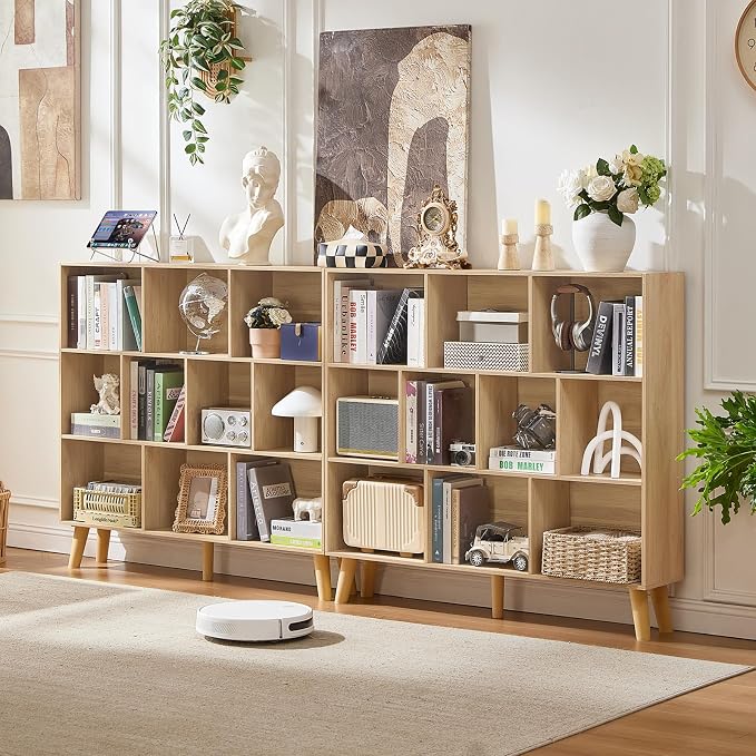 LEYAOYAO 10 Cube Bookshelf,Mid-Century Modern Bookcase with Legs,Light Wood | 3 Tier Book Shelf,Rustic Wood Bookshelves Freestanding Large Storage Organizer, Open Shelves for Bedroom, Living Room, Office