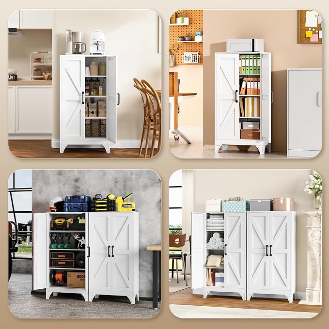 Yizosh Metal Storage Cabinet with 2 Doors and 3 Adjustable Shelves - 47" White Kitchen Pantry Storage Cabinet Locker for Kitchen,Living Room,Dining Room